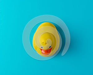 Yellow rubber duck on blue background. Summer minimal concept