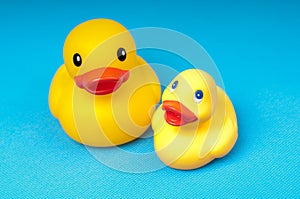 Yellow rubber duck on blue background water