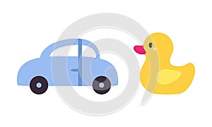 Yellow Rubber Duck and Blue Car as Colorful Kids Toy Vector Set