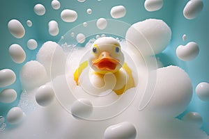 Yellow rubber duck in a bubble bath full of foam. Generative AI