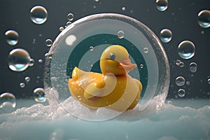 Yellow rubber duck in a bubble bath. Generative AI
