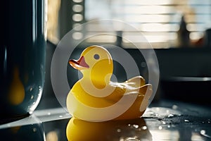 Yellow rubber duck in clean bathroom. Generative AI