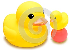 Yellow rubber duck with colorful ball
