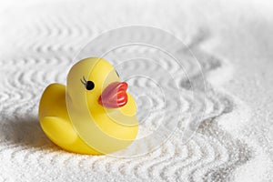 Yellow rubber duck on conceptual white sand in the form of water waves and beach