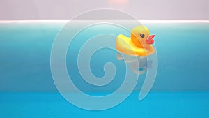 Yellow rubber duck floating in bath, relaxing time for children, macro shot