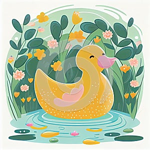 Yellow rubber duck floating on a beautiful blue swimming poo