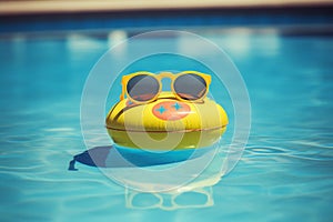 A yellow rubber duck floating in a pool with sunglasses AI generation