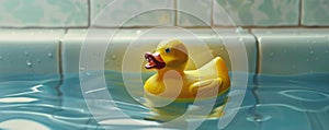 Yellow rubber duck floating in water with tiled background