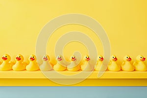 Yellow rubber duck in a line toy design yellow concept team work together. Rubber ducky bath toy background yellow ducks