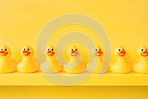 Yellow rubber duck in a line toy design yellow concept team work together. Rubber ducky bath toy background yellow ducks