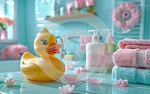 Yellow rubber duck and soap in the bathroom