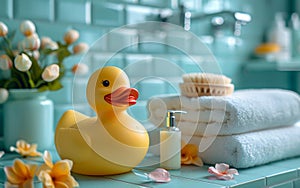 Yellow rubber duck and soap on blue table in bathroom