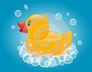 Yellow rubber duck in soap foam. Baby bathing toy. Vector cartoon illustration