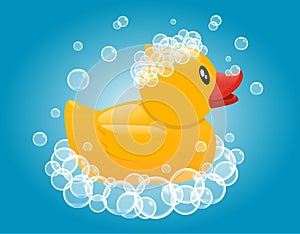 Yellow rubber duck in soap foam. Baby bathing toy. Vector cartoon illustration