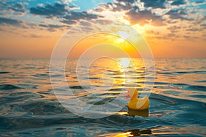 Yellow rubber duck toy floating in sea water. Beautiful sunrise on the beach