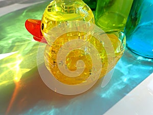 YELLOW RUBBER DUCKIE, 3d puzzle in glass bottle reflection (POND)