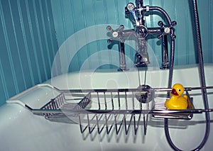 Yellow Rubber Duckie in metal caddy with antique bathrub fixtures photo
