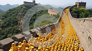 Yellow rubber duckies taking over the Great Wall of China. Weird, odd concept. Fantasy scene