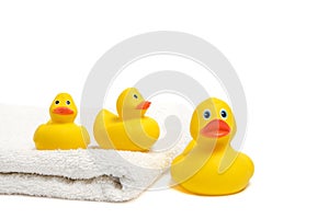 Yellow rubber ducklings on a white terry towel