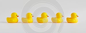 Yellow rubber ducks arranged in a row on white background