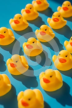 Yellow rubber ducks on a blue background with hard shadows