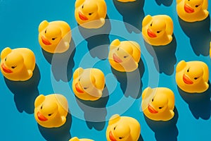 Yellow rubber ducks on a blue background with hard shadows