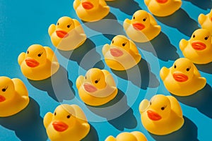 Yellow rubber ducks on a blue background with hard shadows