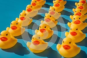 Yellow rubber ducks on a blue background with hard shadows