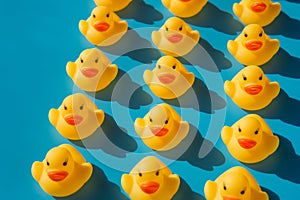 Yellow rubber ducks on a blue background with hard shadows