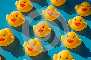 Yellow rubber ducks on a blue background with hard shadows