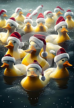 Yellow, rubber ducks floating in the water. AI Generated