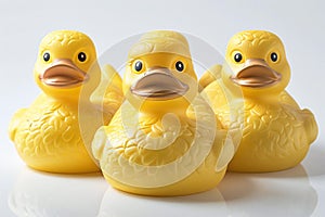 yellow rubber ducks isolated on white background, front view, side view and back view