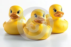 yellow rubber ducks isolated on white background, front view, side view and back view