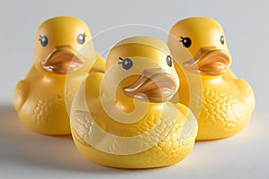 yellow rubber ducks isolated on white background, front view, side view and back view