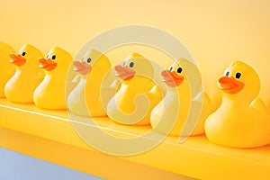 Yellow rubber ducks in a line toy design yellow concept team. Rubber duck background team meeting. Rubber ducky bath toy