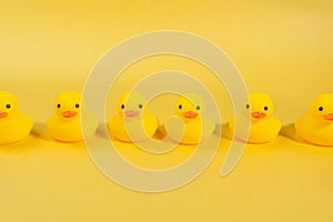 Yellow rubber ducks on a yellow background. Minimal summer concept