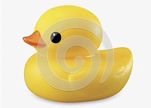 A yellow rubber ducky bath toy with a red beak on a white background