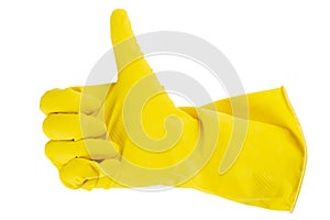 Yellow rubber gloves for cleaning, workhouse concept. Ok symbol
