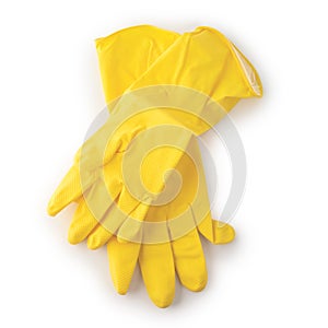 Yellow rubber gloves isolated on white background