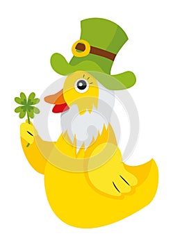 Yellow rubber leprechaun duck with green hat and four-leaf clover