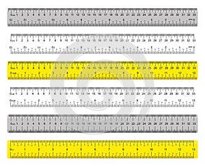 A yellow ruler marked with centimeters, inches and combined rectangular shapes. Output inch line. Vector graphics on a white