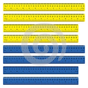 A yellow ruler marked with centimeters, inches and combined rectangular shapes. Output inch line. Vector graphics on a white