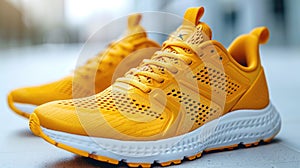 Yellow running shoes on a blurred background