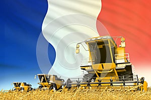 Yellow rye agricultural combine harvester on field with France flag background, food industry concept - industrial 3D illustration