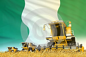 Yellow rye agricultural combine harvester on field with Nigeria flag background, food industry concept - industrial 3D