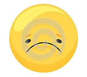 Yellow sad face emoji with a frown and downturned eyes. Emoticon showing feelings of unhappiness or dissatisfaction