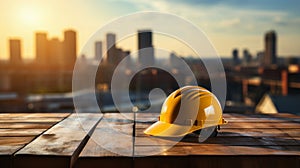 yellow safety hard hat on the table with construction site on the background