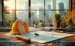 Yellow safety helmet and blueprints on the table with background of window