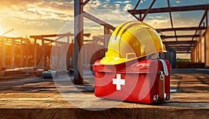 Yellow Safety Helmet and Red First Aid Kit on Construction Site - Generative Ai