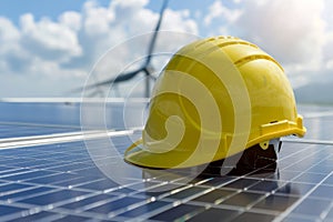 Yellow safety helmet on solar panels against the background of wind generators, green energy